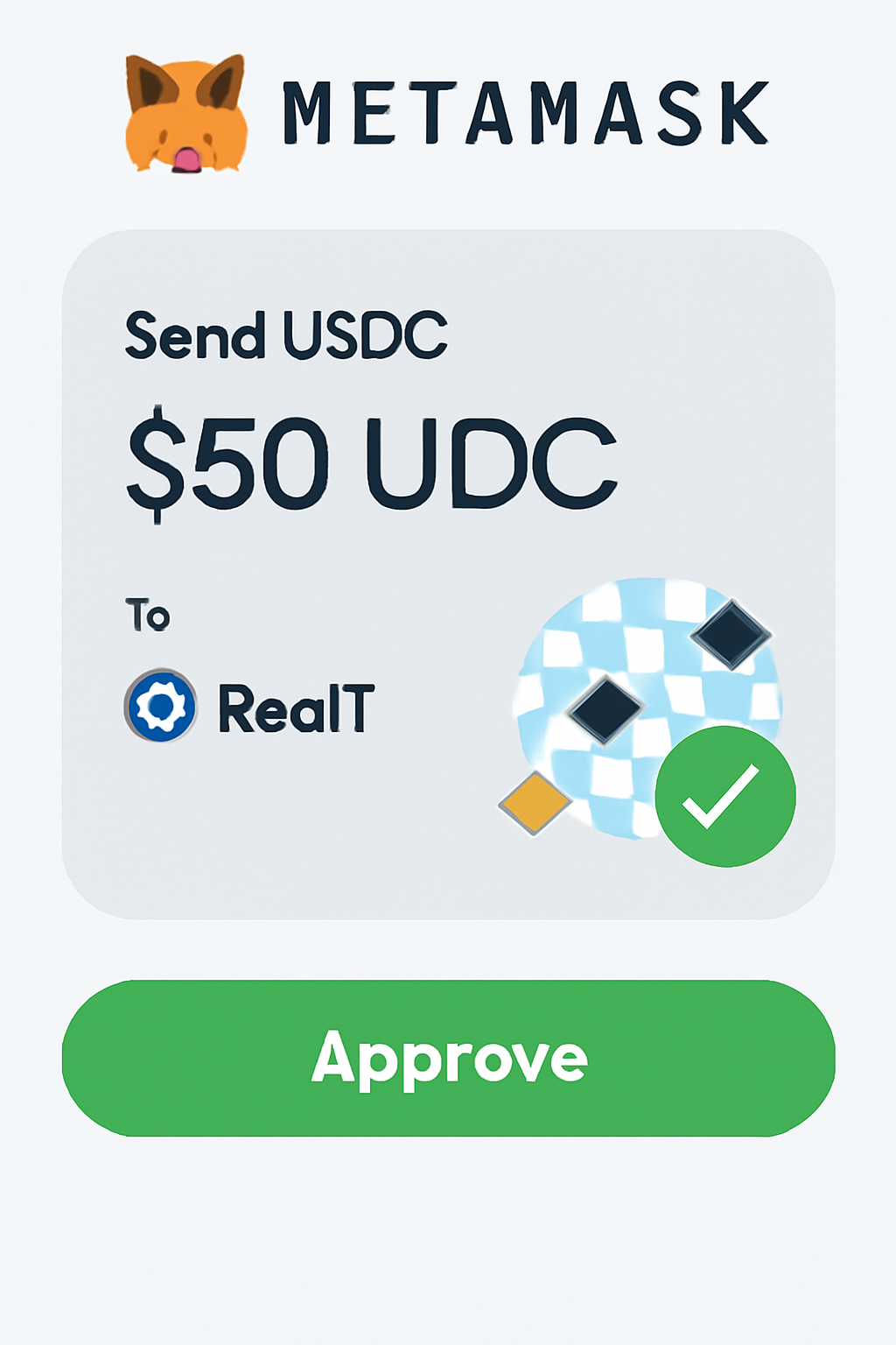 MetaMask transaction confirmation screen buying RealT tokens, $50 USDC input, green approve button, blockchain animation
