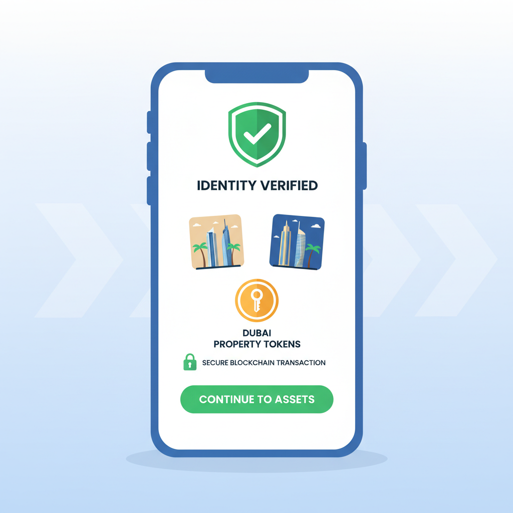 ID verification interface smartphone, secure checkmark Dubai property tokens