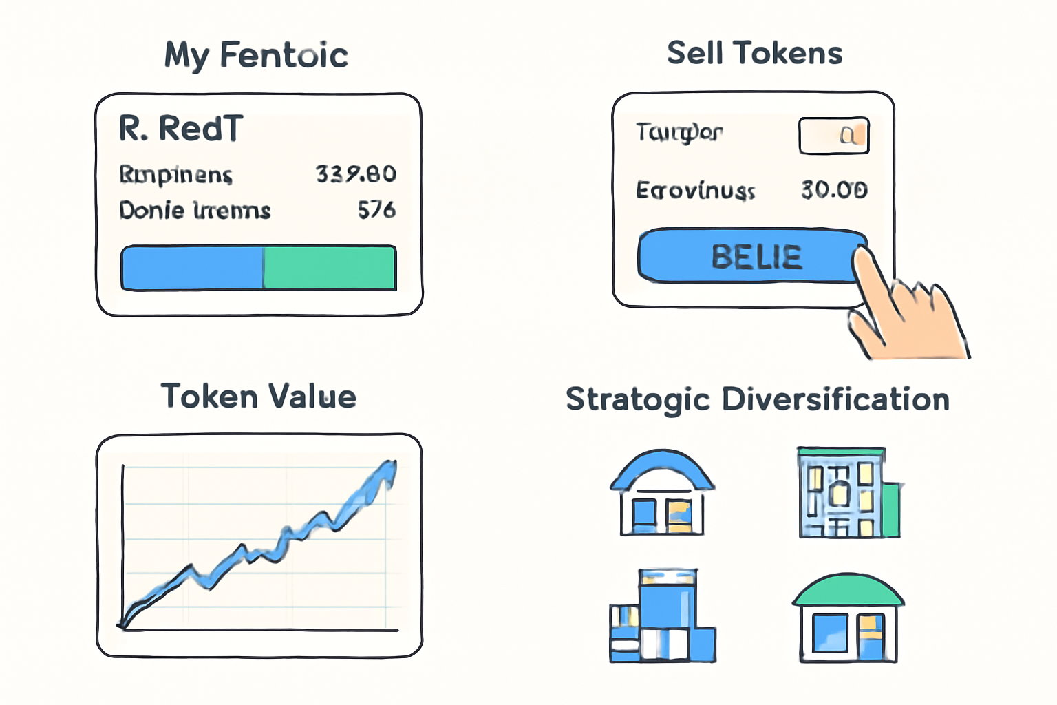 RealT portfolio overview, sell token interface, charts of token value and yields, strategic diversification icons