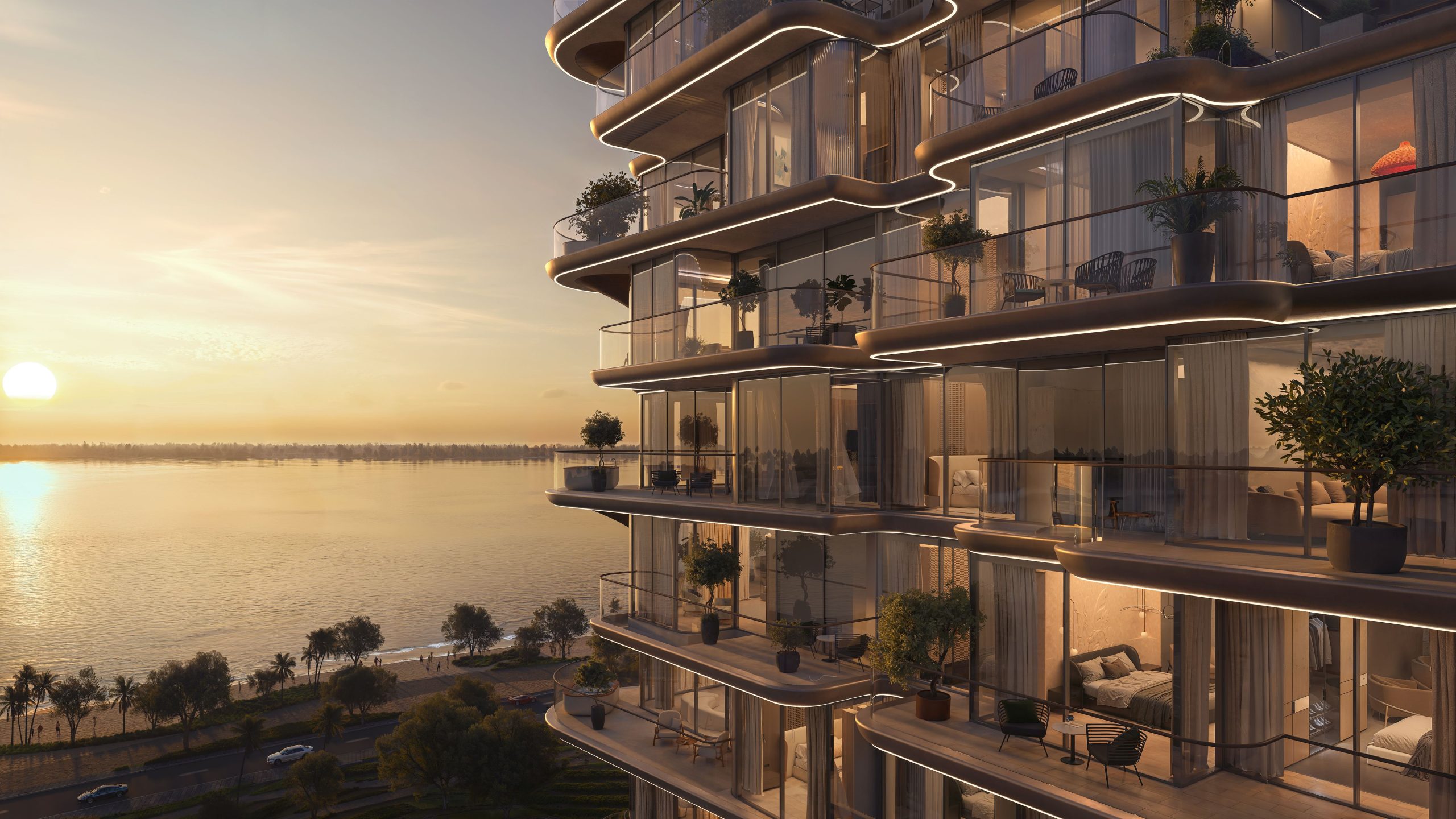 Stunning aerial view of luxurious Dubai penthouse at sunset overlaid with blockchain token graphics symbolizing fractional real estate ownership 2025
