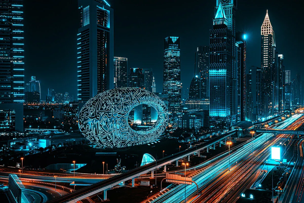 Sleek futuristic Dubai skyline visualization with glowing blockchain tokens representing fractional real estate property shares for crypto investors