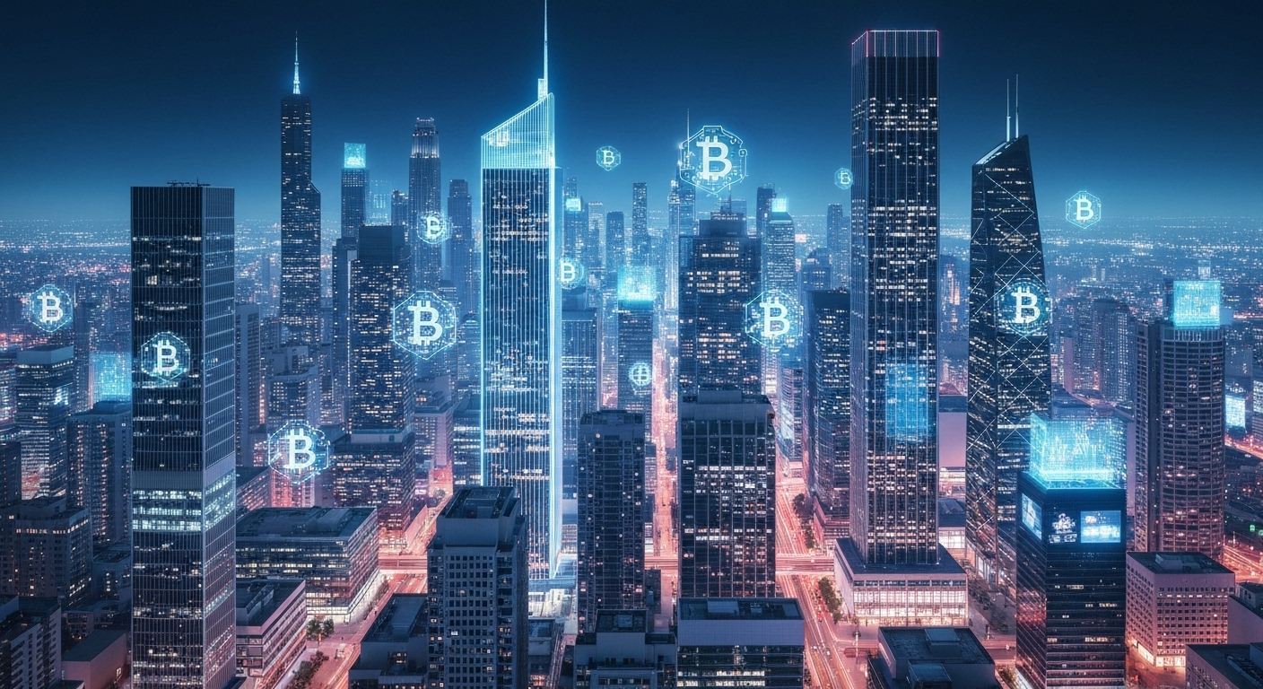 Modern graphic of digital tokens overlaying a city skyline, representing blockchain-powered property ownership on platforms like RealT, Brickblock, and Proptee