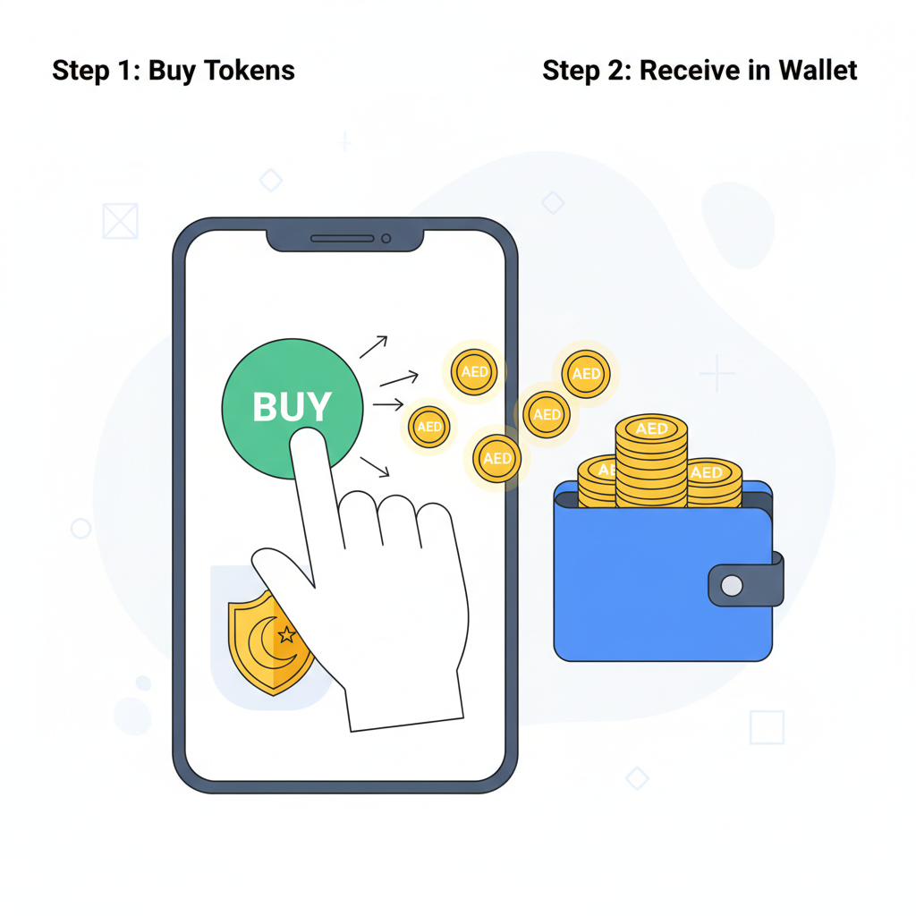 illustration of clicking buy button on app, tokens flowing into wallet, AED currency symbols