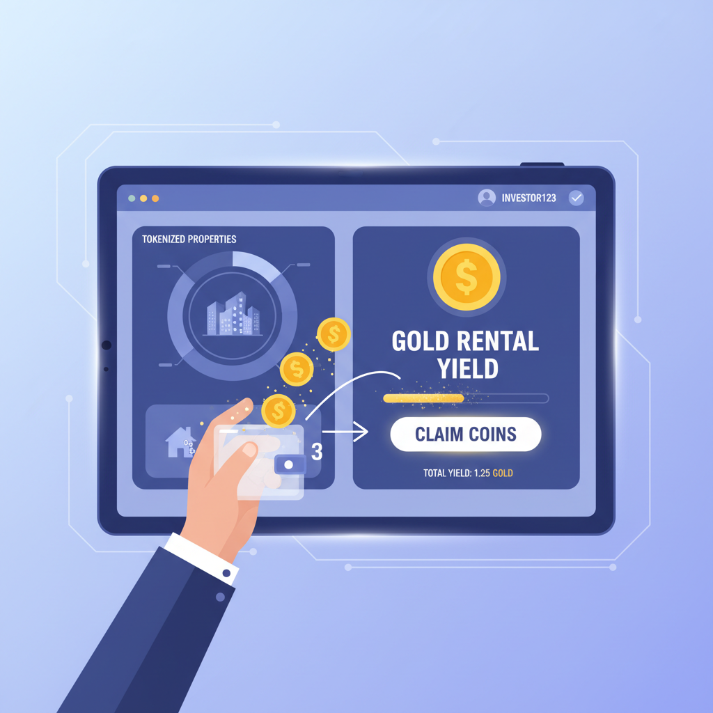 investor claiming gold rental yield coins from tokenized property dashboard, futuristic UI
