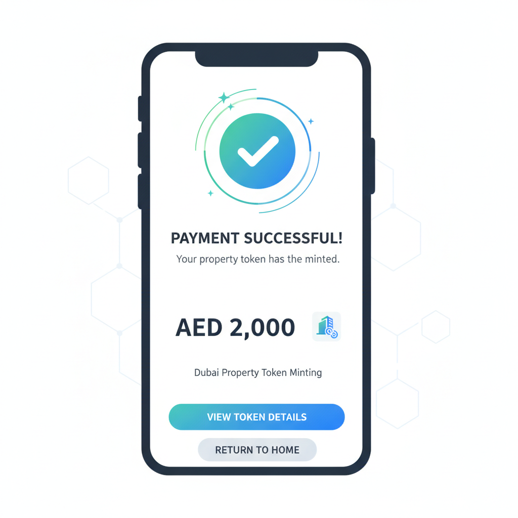 payment confirmation screen AED 2000 Dubai property token minting, success animation