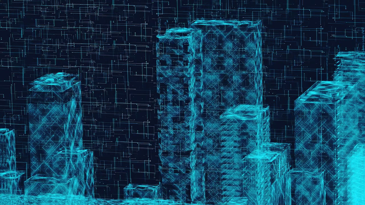 Digital rendering of a global real estate marketplace powered by blockchain technology, featuring interconnected buildings and blockchain symbols representing tokenized property trading for global investors.