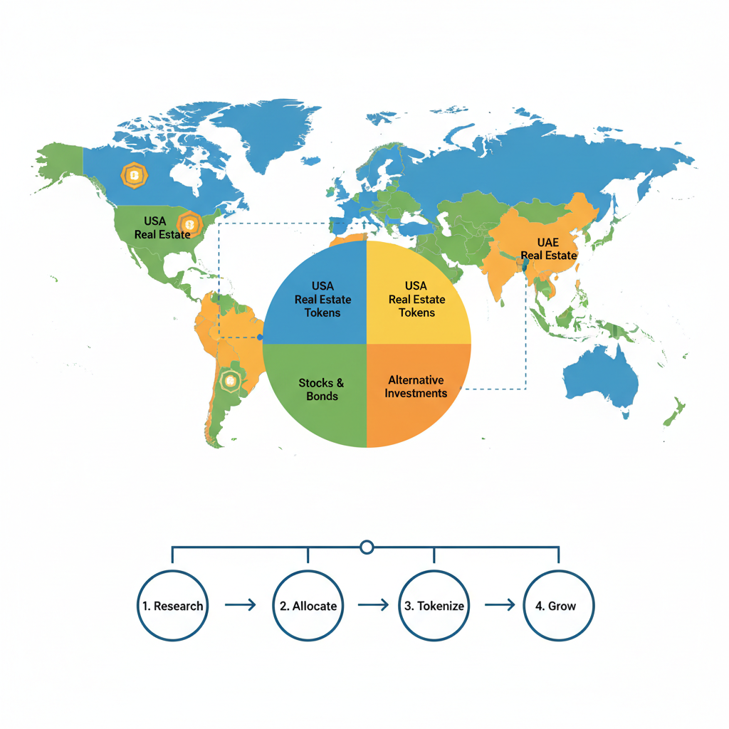 diversified investment portfolio map highlighting USA and UAE real estate tokens, balanced pie chart