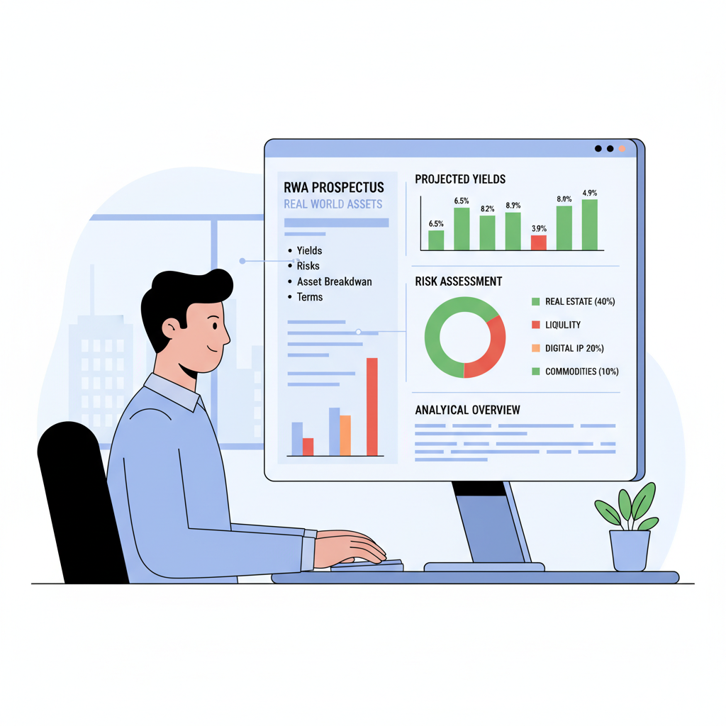 Investor reviewing RWA prospectus document on screen, charts of yields and risks, analytical interface