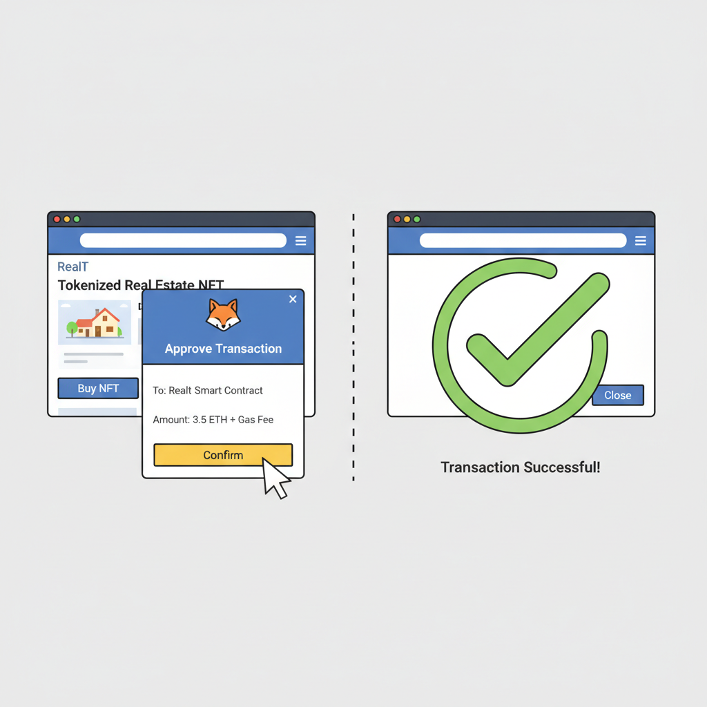 Purchasing real estate NFT on RealT, MetaMask popup approving, success checkmark animation
