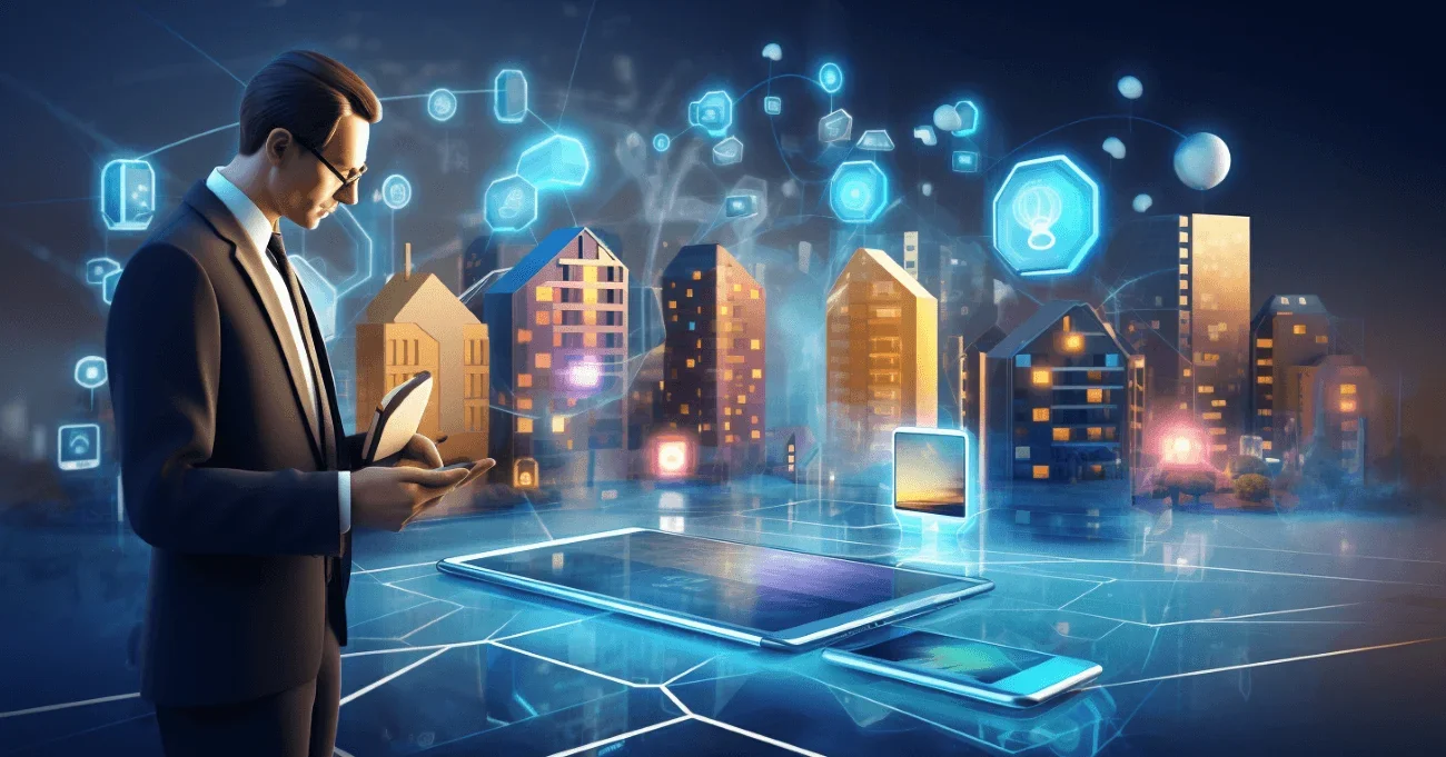 Modern commercial real estate building with digital blockchain network overlay symbolizing tokenization in 2025