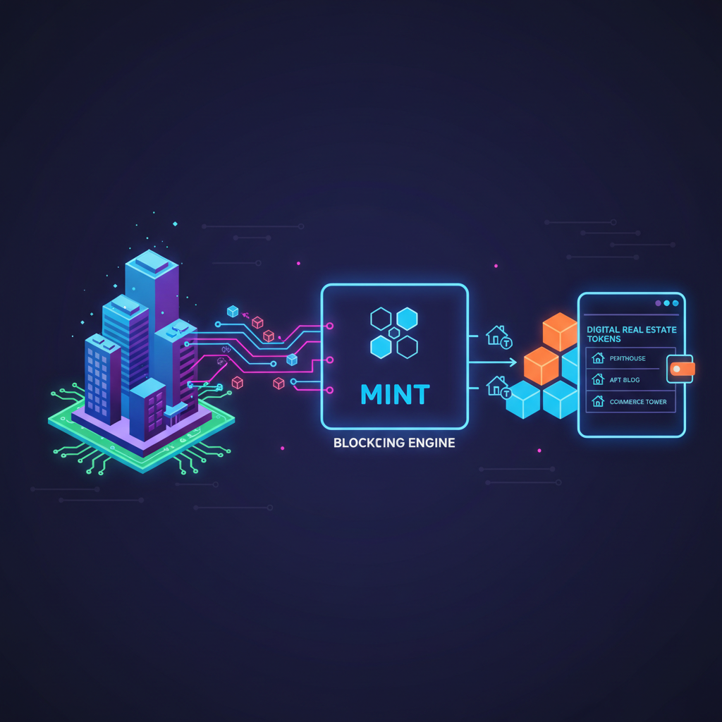 blockchain minting digital real estate tokens from a city building model, neon glow