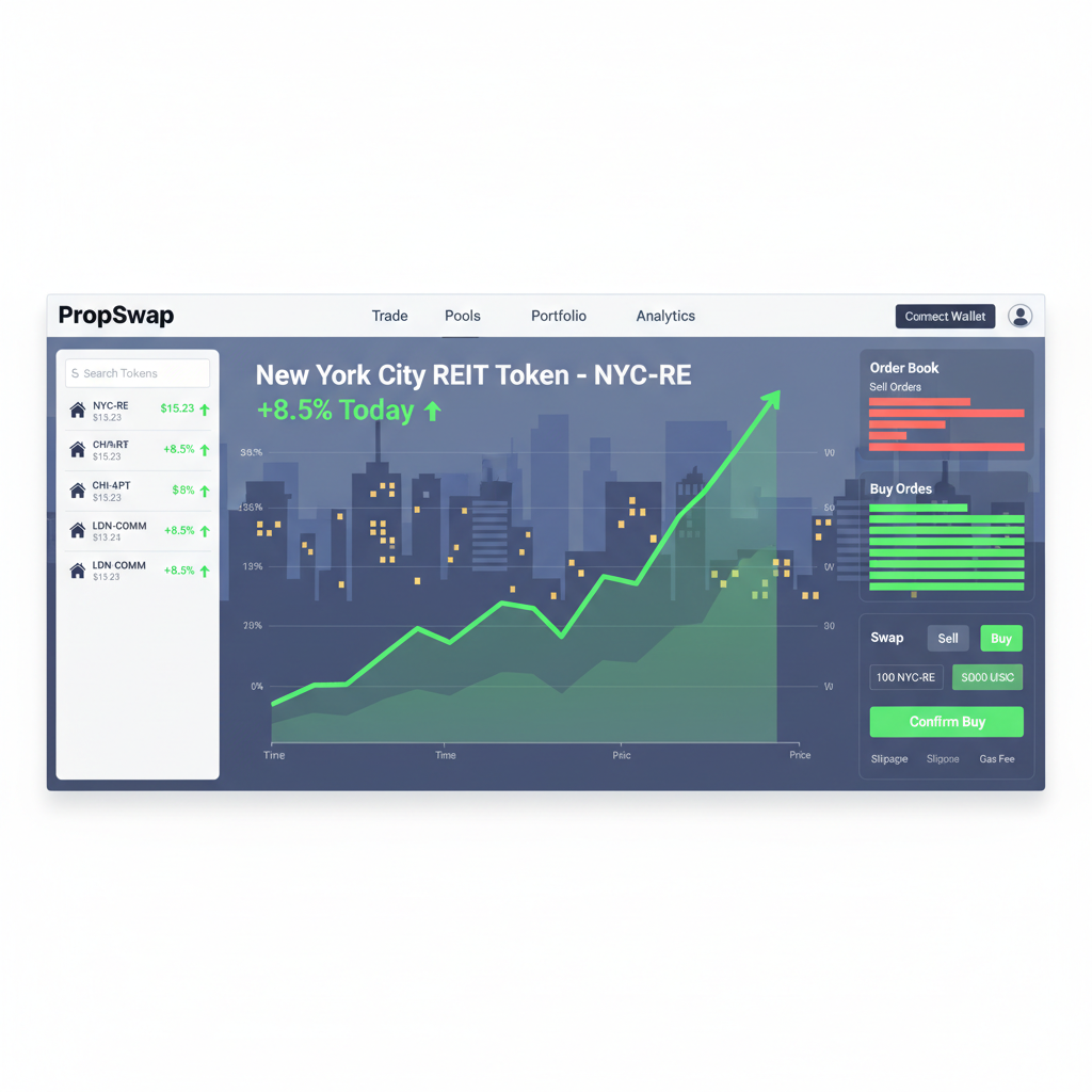 DEX trading interface with real estate tokens surging, charts and city skyline background