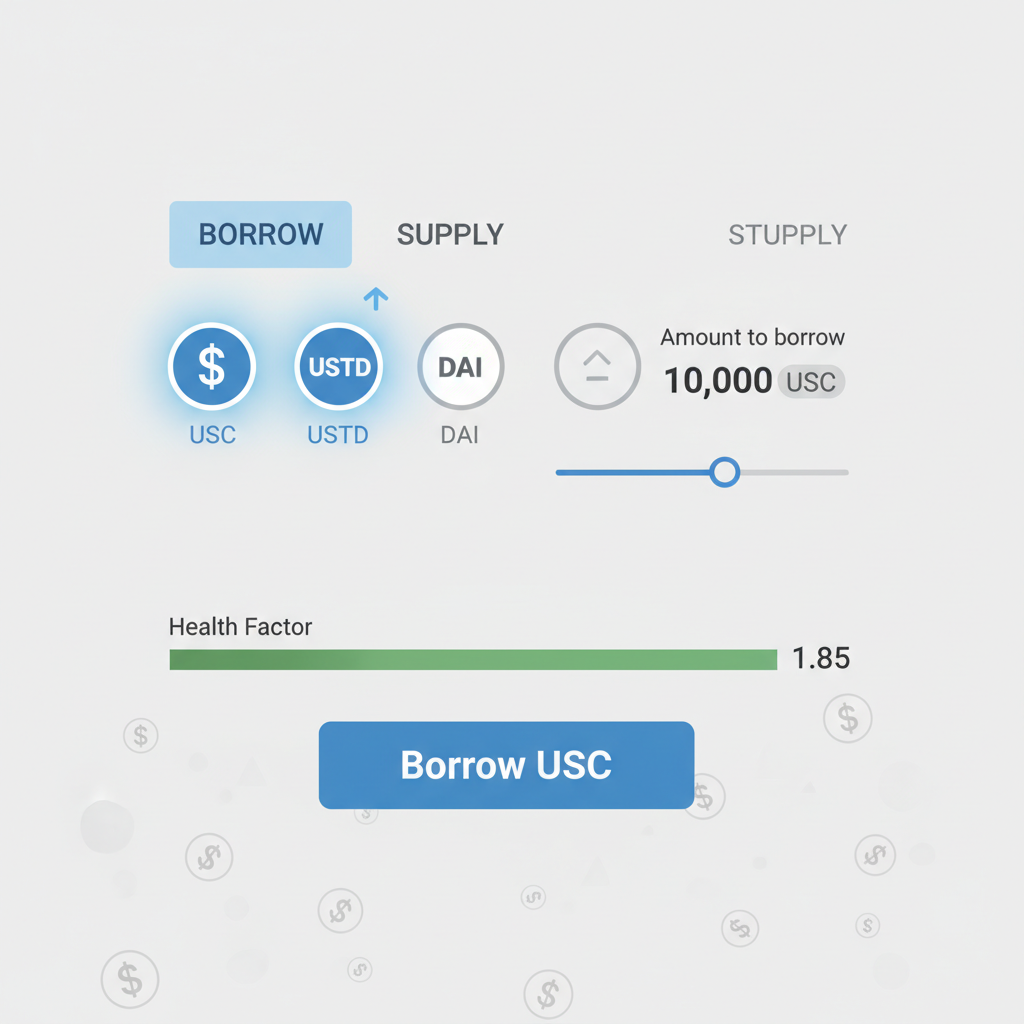 selecting USDC stablecoin borrow, amount input field, health factor display, stablecoin icons flowing