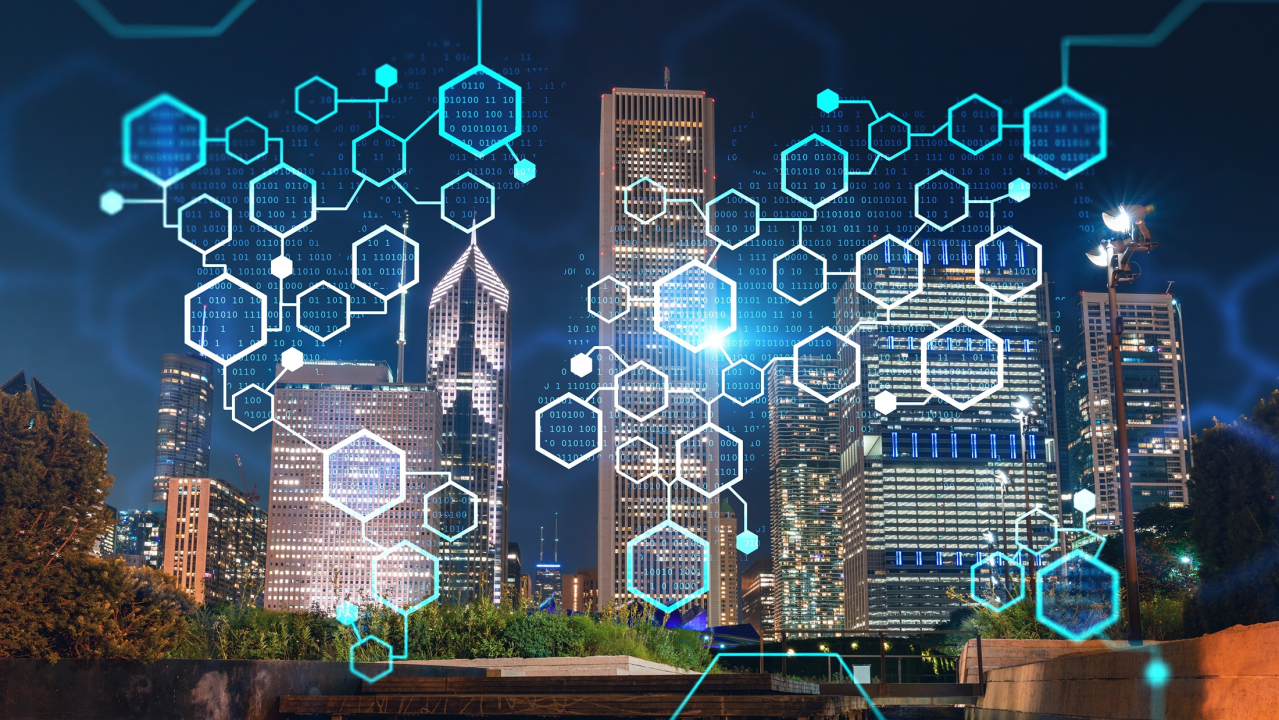 Modern city skyline with digital blockchain overlay illustrating tokenized real estate investment