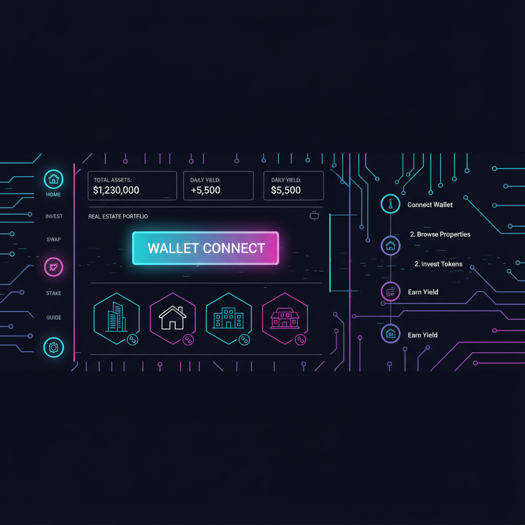 futuristic DeFi dashboard with wallet connect button glowing, real estate token icons, clean UI, cyberpunk style