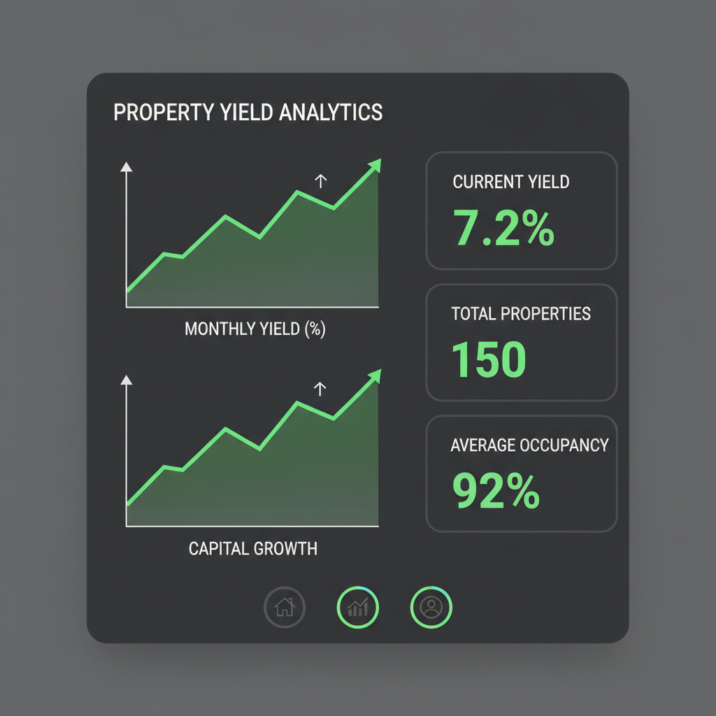 dashboard screen showing yield charts and property stats, upward green graphs, professional UI