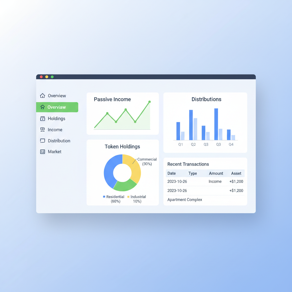 Real Estate RWA dashboard monitoring passive income charts, token holdings and distributions