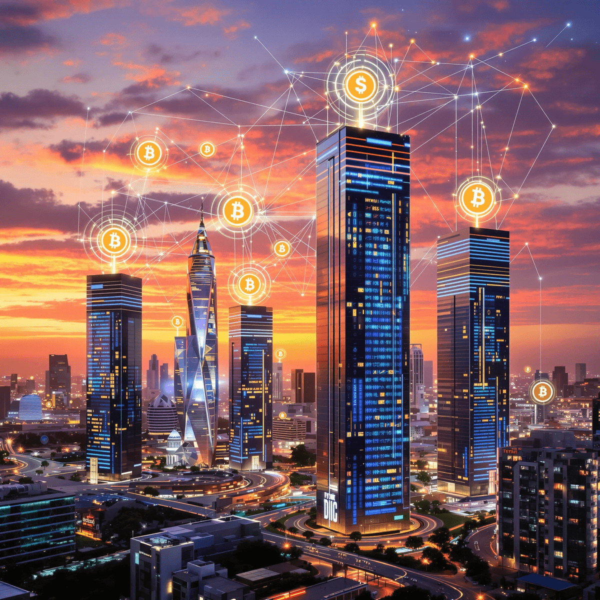Aerial drone view of bustling African city skyline overlaid with glowing blockchain tokens representing fractional tokenized real estate ownership for emerging market investors in 2026