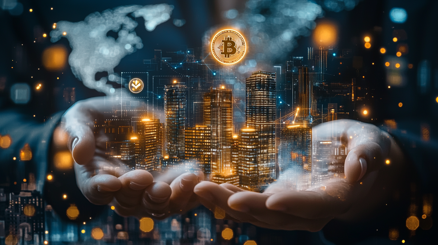 Vibrant digital artwork of commercial buildings tokenized as blockchain RWA assets with yield icons, illustrating stable yields from Wiener Privatbank on Real Finance