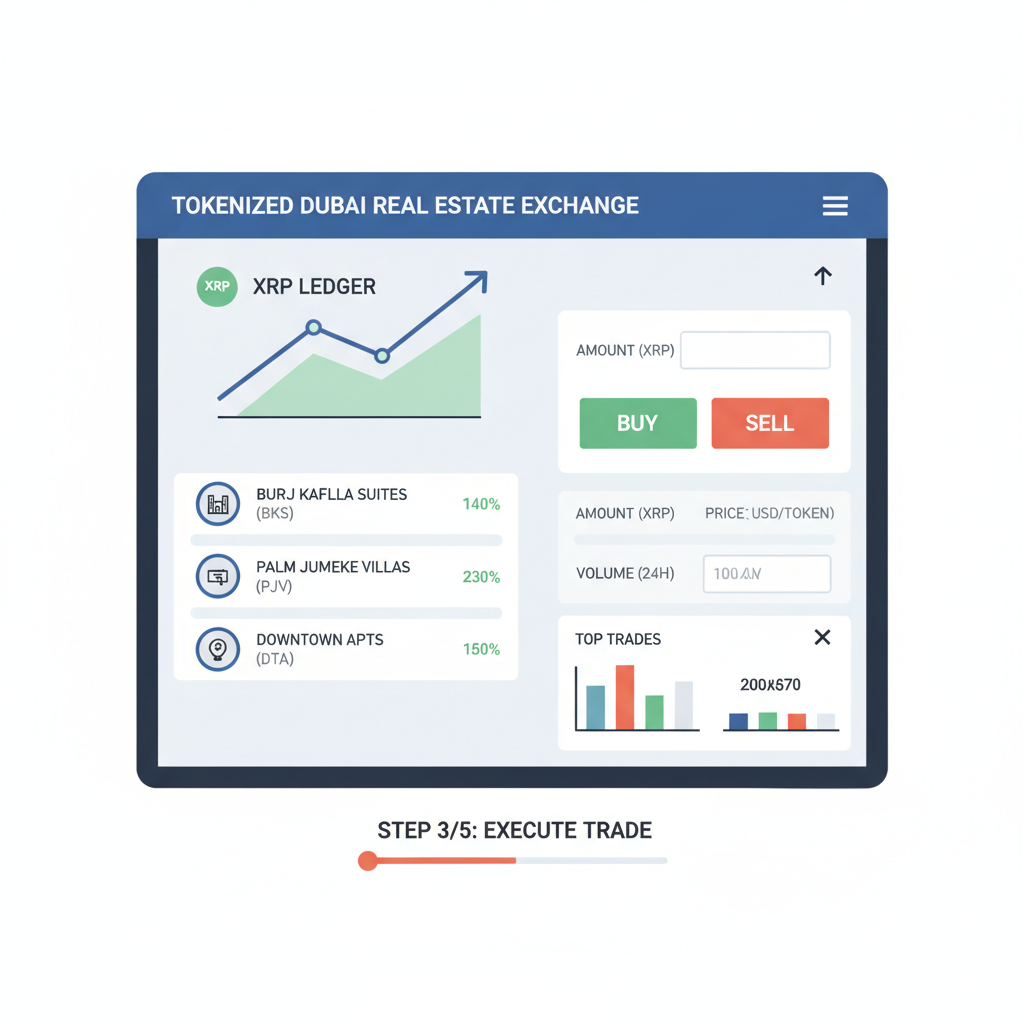 trading exchange interface tokenized Dubai real estate, charts rising graph XRP ledger