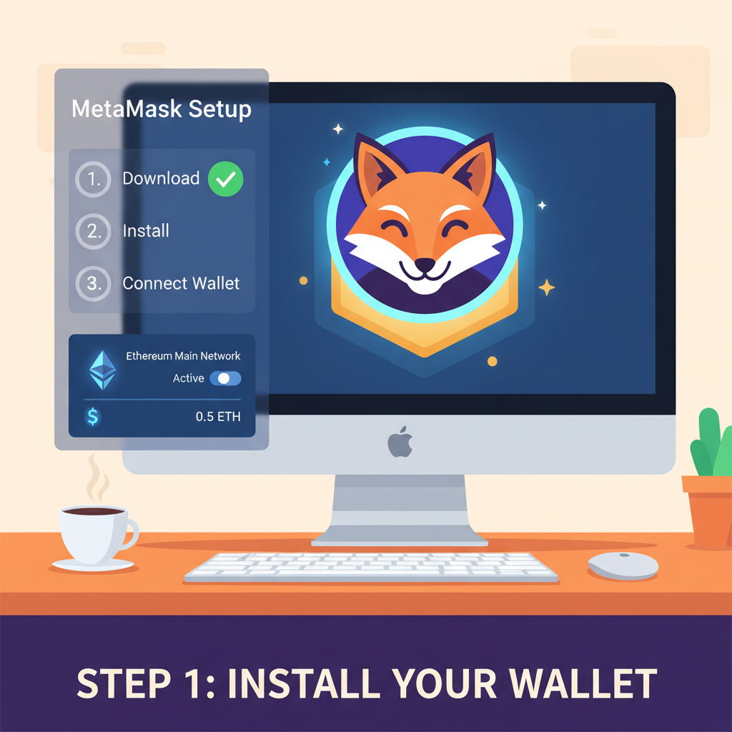 Vibrant MetaMask wallet setup on desktop, crypto fox icon glowing, Ethereum network active