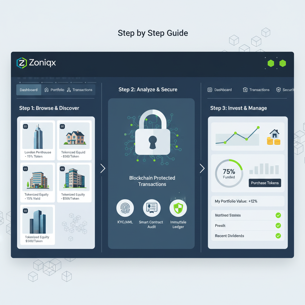 professional dashboard of real estate tokenization platform Zoniqx or RealT, blockchain security icons, modern UI
