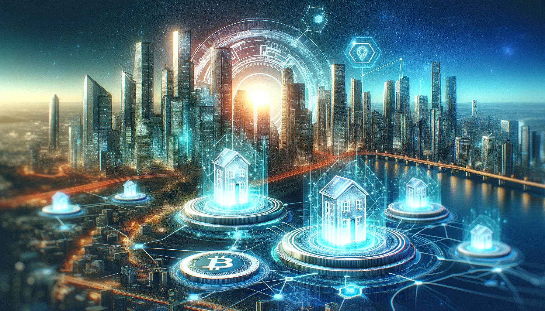 Blockchain visualization of fractional ownership shares in a prime commercial skyscraper generating rental yields, real estate tokenization 2026