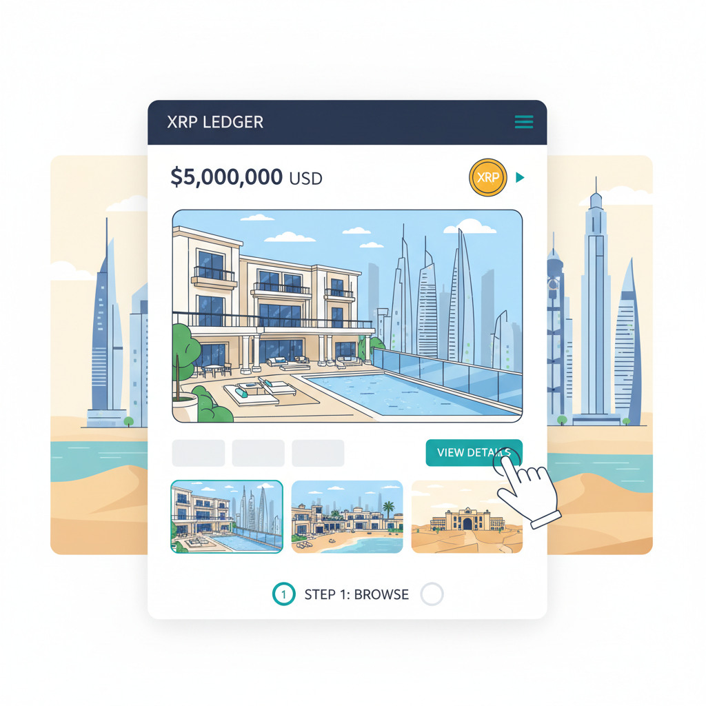 Digital marketplace browsing luxurious Dubai tokenized properties, $5M value display, XRP Ledger interface, skyscrapers and pools