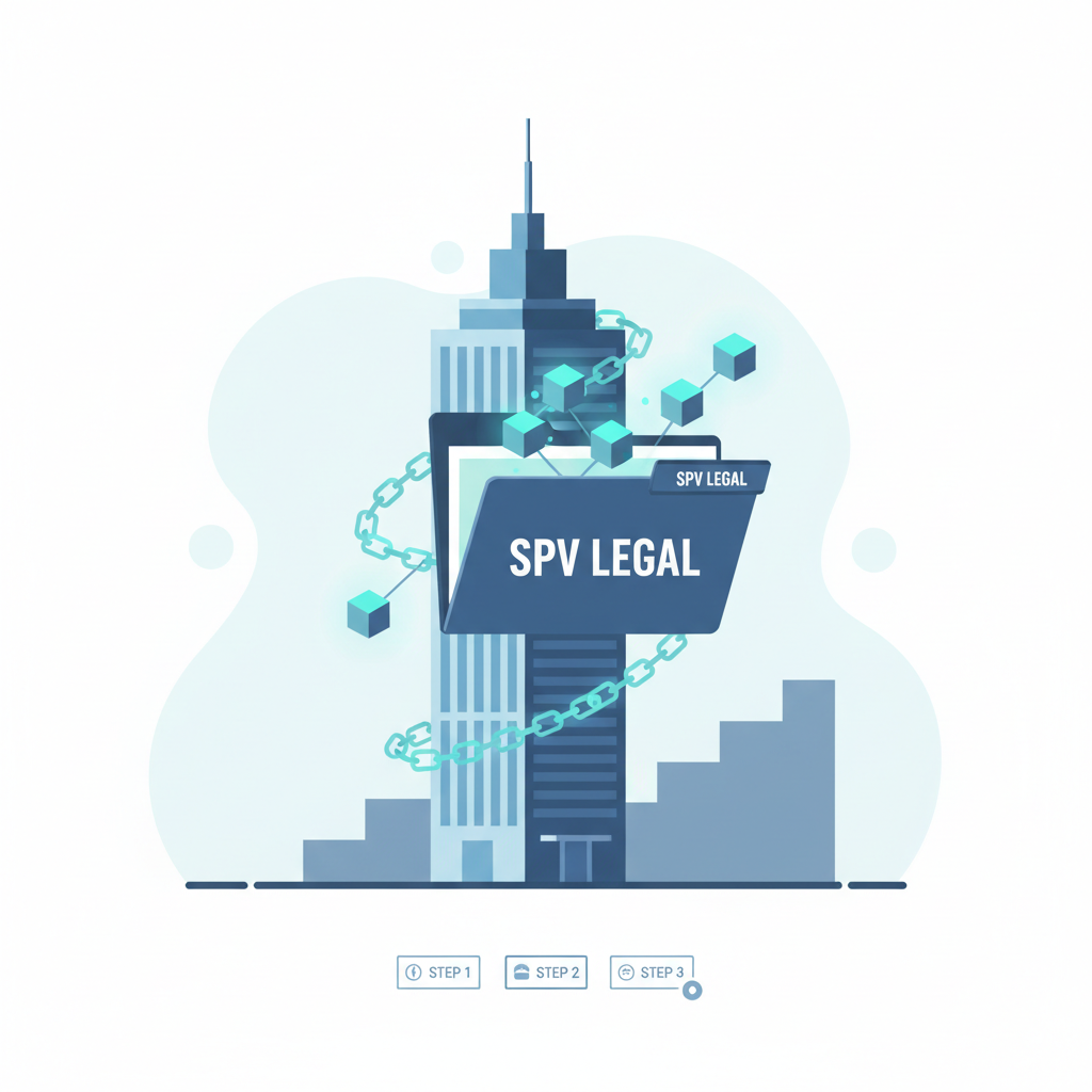 sleek modern skyscraper with SPV legal folder and blockchain chain links glowing