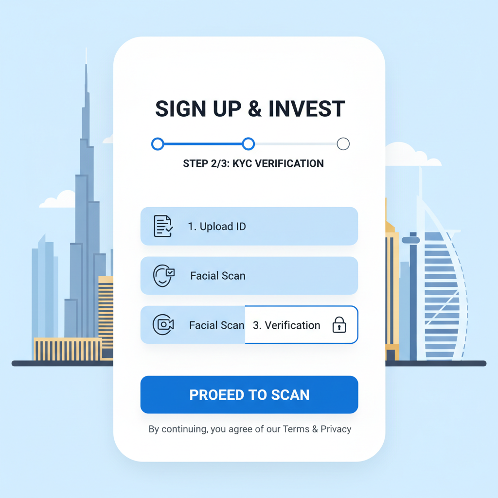 Modern app signup screen for real estate token platform, KYC verification, Dubai skyline background, clean UI