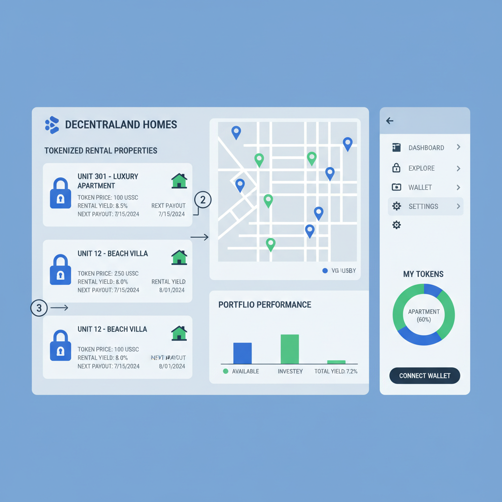 Dashboard showing tokenized rental property listings with yields and maps, real estate blockchain interface
